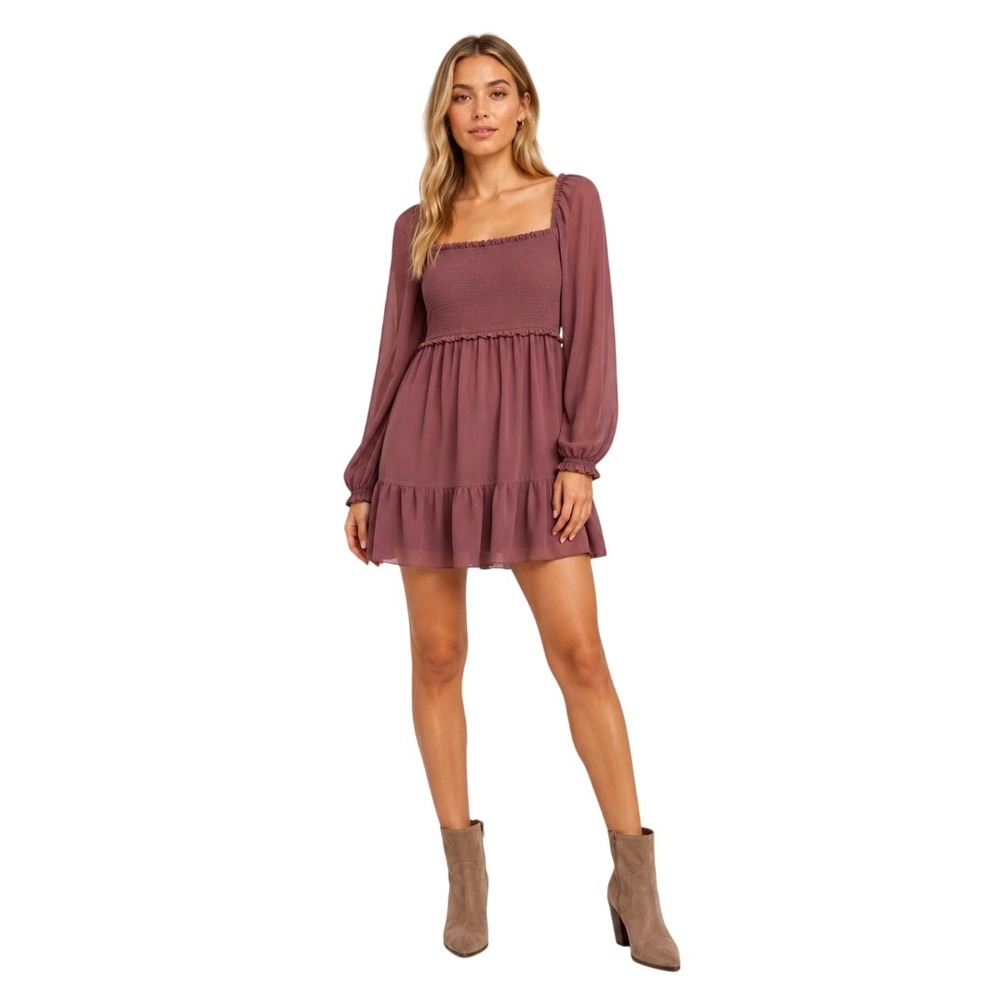 Wilfred Aritzia Smocked Mini Dress Mauve Purple Long Sleeve Ruffle Square Neck S